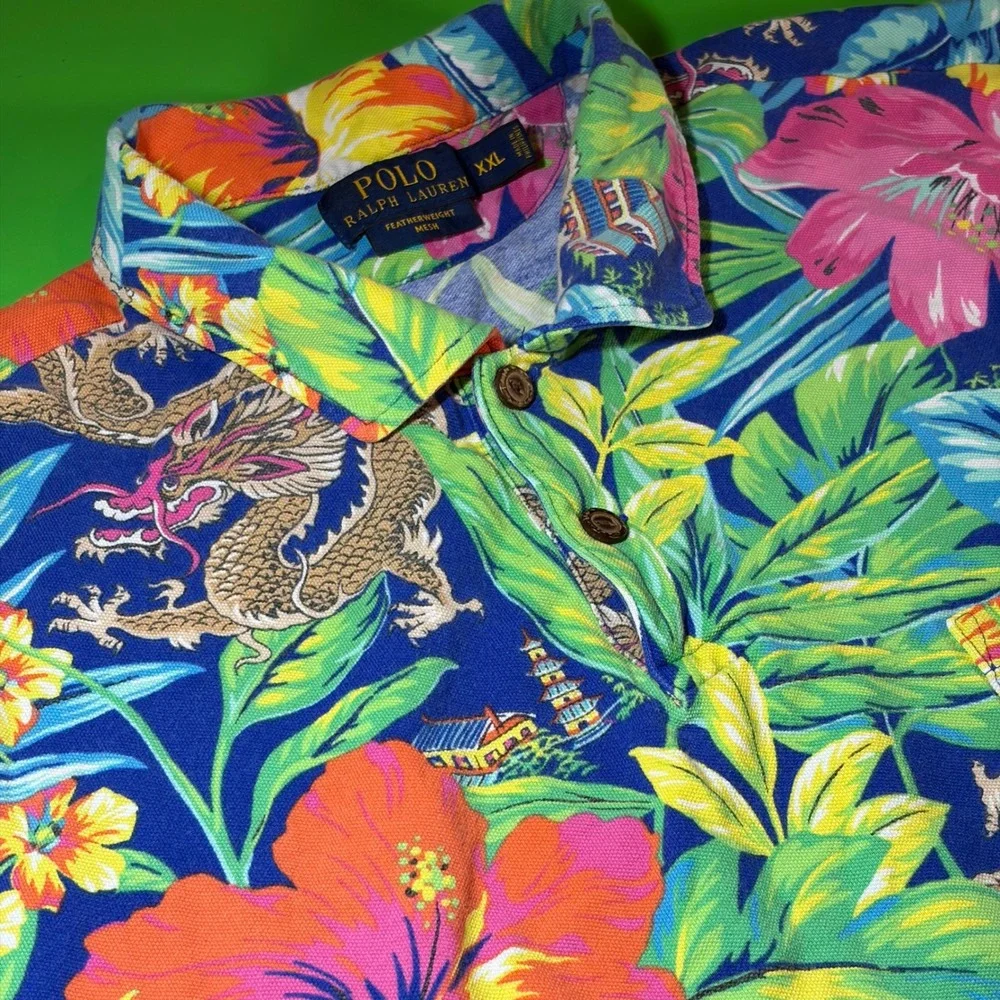Polo Ralph Lauren Featherweight Mesh Hawaiian Shirt Mens 2X Floral Dragon AOP